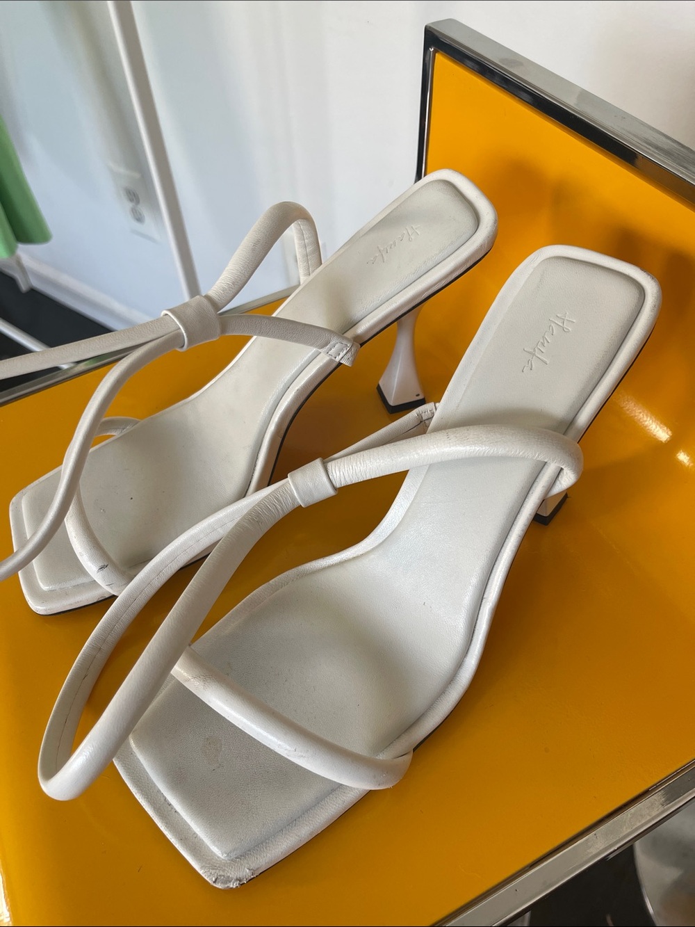 Hanifa White Loop-Strap Square-Toe Heeled Sandals
